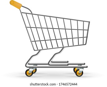 Realistic Shopping cart. Glossy metallic pushcart. Supermarket trolley. Real steel shop equipment. Side view shopping staff. Vector illustration.