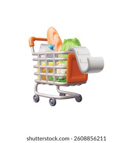 Realistic shopping cart, trolley with food and bill payment 3D cartoon plastic style vector illustration. Volume glossy metal basket container on wheels with purchases. Grocery market concept