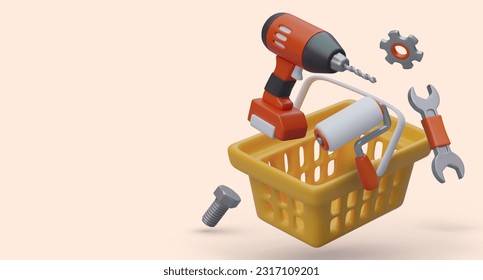 Realistic shopping cart with working tools. Paint roller brush, electric drill, wrench, bolt, gear. Everything you need for repair and construction. Poster for manufacturer, store