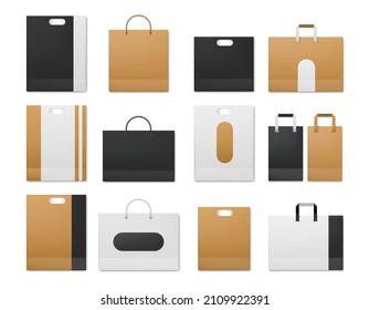 Realistic shopping craft paper, white and black bags design mockups. Store packet with cord handles. Supermarket cardboard bag vector set. Reusable blank packages for corporate branding