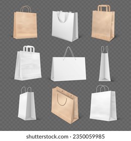 Paquetes de compra realistas. Comprar bolsas de papel maquillaje para productos comerciales de marca productos de merchandising envasar shopper presente cartón de moda bolso de mano ilustración vectorial del paquete o paquete