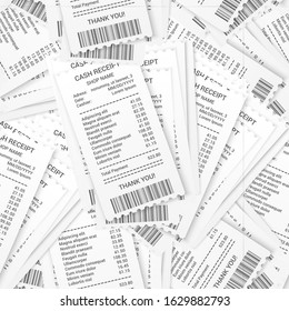 Realistic shopping paper bills seamless pattern with piles of cash receipts. Vector illustration