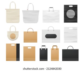 Realistic shopping paper, plastic and cloth tote bag mockups. Eco reusable white bags with handle. Corporate branding bags design vector set. Disposable brown, black and white packs for stores