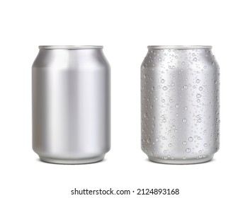 Realistic short aluminium can with water drops. Silver beer, soda, lemonade, juice, coffee energy drink mockup. Isolated vector metal 3d canisters, blank tin jars with blobs front view, beverage can