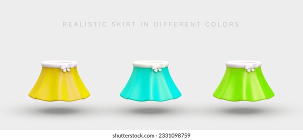 Realistic short flared skirt in different colors. Yellow, blue, green vector icon. Isolated images for bright modern design. Concept for clothing store, product category labeling