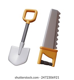 Realistic shovel, saw on white background. Classic hand tools