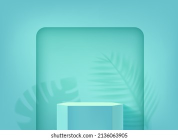 Realistic showcase with podium in a hole of the wall with plant shadows. 3d vector mockup