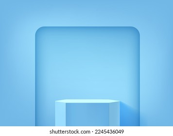 Realistic showcase with podium in a hole of the wall. 3d vector mockup