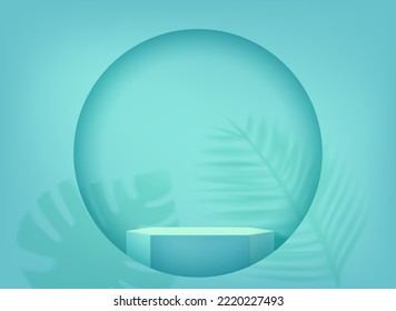 Realistic Showcase With Podium In A Round Hole Of The Wall With Plant Shadows. 3d Vector Mockup