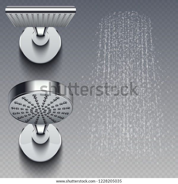 Realistic shower metal\
heads and trickles of water vector illustration isolated on\
transparent\
background