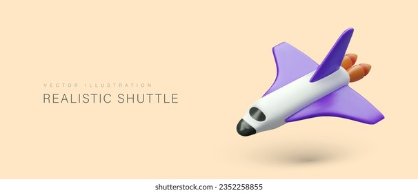 Realistic shuttle in flight. Spaceship with engine running, fire from nozzle. Space excursions, expeditions. Flight in weightlessness. Vector color concept