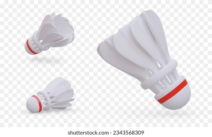 Realistic shuttlecock. Set of vector images in different positions. Accessory for badminton. Sports icons. Detailed textured 3D illustration for site, application, game