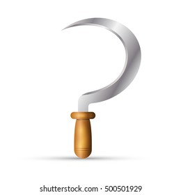 Realistic sickle isolated on white background. Sickle with wooden handle. Tools symbol. 