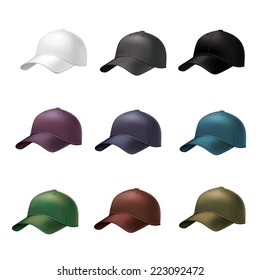 Realistic side view different colors baseball cap decorative icons set vector illustration