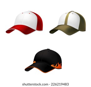 Realistic side view different colors baseball cap decorative icons set vector illustration