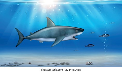 Realistic side view of hunting shark with open mouth under water vector illustration