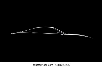 Realistic side view sport car coupe silhouette isolated on black background. Vector illustration.