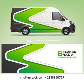 Realistic side view Van mockup and wrap decal or livery branding design and corporate identity company. Abstract green graphics for Wrap decal design delivery van and racing car. Corporate Van