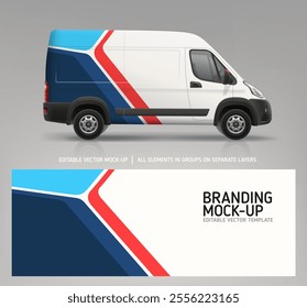 Vista lateral realista Van mockup com design de decalque de envoltório. Gráficos de marca abstratos em veículos corporativos. Carrinha de entrega da empresa. Veículo de marca. Banner de vetor editável