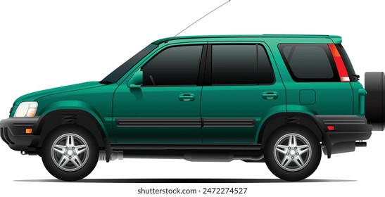 The realistic sideview 90s popular Japanese compact SUV in U.S. specification green metallic color 4WD manual transmission on transparent background illustration vector.