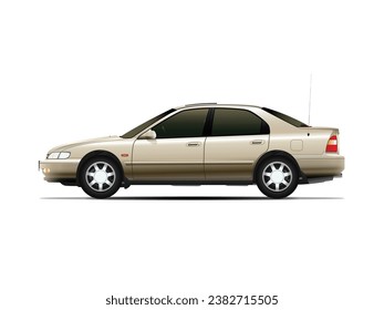 The realistic sideview luxury Japanese light gold sedan on light background illustration vector.