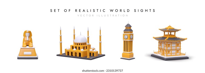 Realistic sights of world with shadows on white background. Set of colored 3D icons. Sphinx, Taj Mahal, Big Ben, pagoda. Symbols of countries, tourist attractions