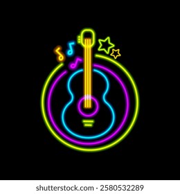 Realistic sign of acoustic guitar and musical notes for decoration and covering wall. Vector karaoke bar or concert entertainment, night life activities neon decor design element template