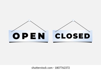 Realistic sign Closed and Open. Design closed banner on door store template. Abstract concept for businesses, site, shop services element. Realistic design template. Vector.