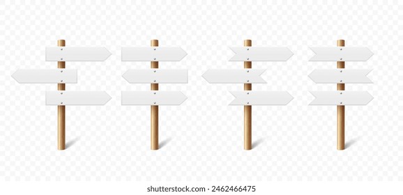 Realistic Sign Post Set. Realistic Blank Road Signboard. Plywood Pointer, Timber, Directional Sign Design Template, Front View. Vector Illustration in 3D Style
