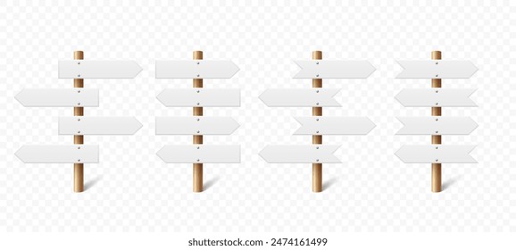 Realistic Sign Post Set. Realistic Blank Road Signboard. Plywood Pointer, Timber, Directional Sign Design Template, Front View. Vector Illustration in 3D Style