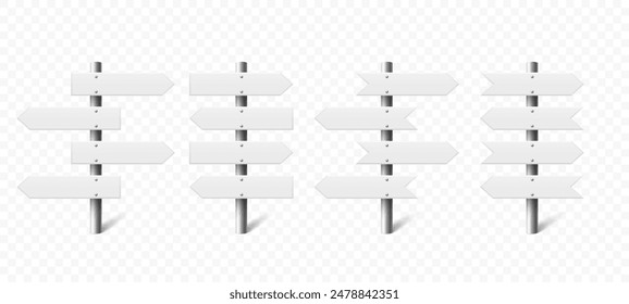 Realistic Sign Post Set. Realistic Blank Road Signboard. Plywood Pointer, Timber, Directional Sign Design Template, Front View. Vector Illustration in 3D Style