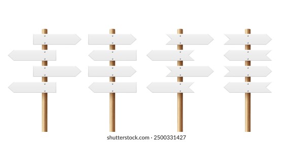 Realistic Sign Post Set. Realistic Blank Road Signboard. Plywood Pointer, Timber, Directional Sign Design Template, Front View. Vector Illustration in 3D Style