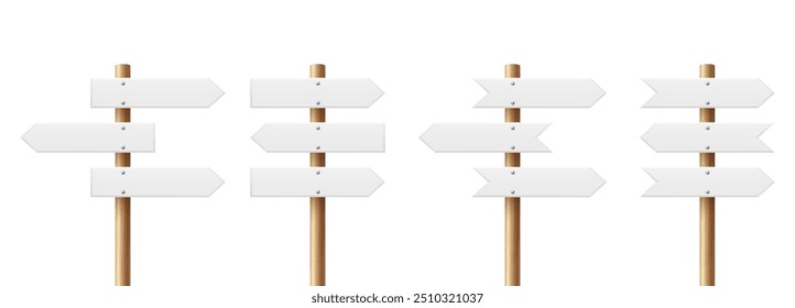 Realistic Sign Post Set. Realistic Blank Road Signboard. Plywood Pointer, Timber, Directional Sign Design Template, Front View. Vector Illustration in 3D Style