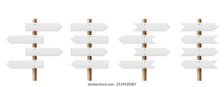 Realistic Sign Post Set. Realistic Blank Road Signboard. Plywood Pointer, Timber, Directional Sign Design Template, Front View. Vector Illustration in 3D Style