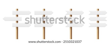Realistic Sign Post Set. Realistic Blank Road Signboard. Plywood Pointer, Timber, Directional Sign Design Template, Front View. Vector Illustration in 3D Style