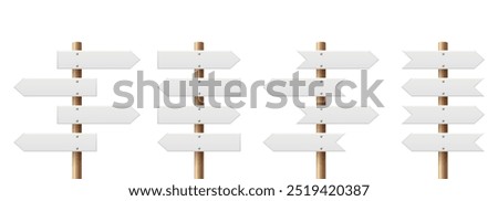 Realistic Sign Post Set. Realistic Blank Road Signboard. Plywood Pointer, Timber, Directional Sign Design Template, Front View. Vector Illustration in 3D Style