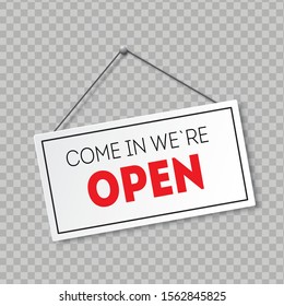 Realistic sign with shadow isolated on transparent background. Come in, we`re open. Signboard with a rope.