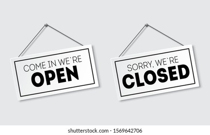Realistic sign with shadow. Sorry, we are closed.  Come in, we`re open. Signboard with a rope.