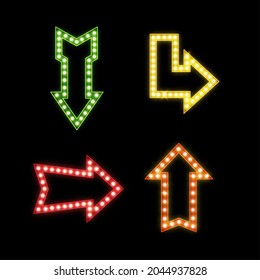 Realistic signs with lamps. Retro illuminated pointers. Glowing symbols of different forms. Bright bar or nightclub advertising electric signboard. Vector contour arrow billboards set