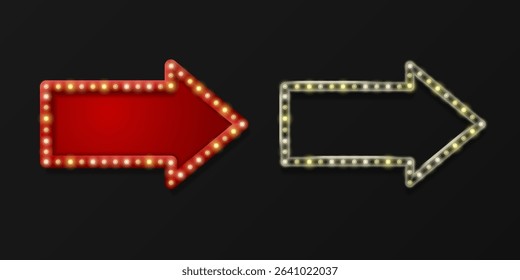 Realistic signs of the red and glass arrow frame with yellow bulbs. Vector 3D Illustration.