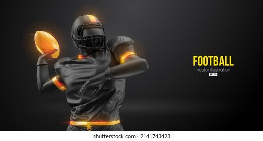 Realistic silhouette of a american football player man in action isolated black background. Vector illustration