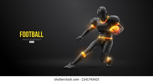 Realistic silhouette of a american football player man in action isolated black background. Vector illustration