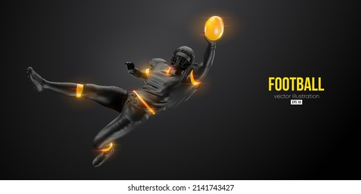 Realistic silhouette of a american football player man in action isolated black background. Vector illustration