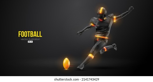 Realistic silhouette of a american football player man in action isolated black background. Vector illustration