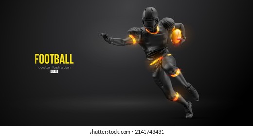 Realistic silhouette of a american football player man in action isolated black background. Vector illustration