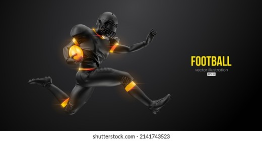 Realistic silhouette of a american football player man in action isolated black background. Vector illustration