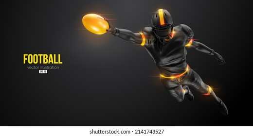 Realistic silhouette of a american football player man in action isolated black background. Vector illustration