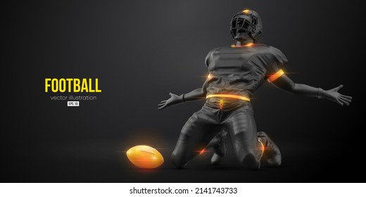 Realistic silhouette of a american football player man in action isolated black background. Vector illustration