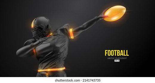 Realistic silhouette of a american football player man in action isolated black background. Vector illustration