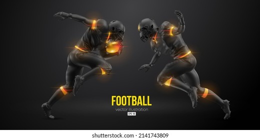 Realistic silhouette of a american football player man in action isolated black background. Vector illustration